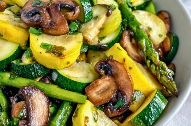 Plate of asparagus with zucchini and squash arranged beautifully for a healthy meal