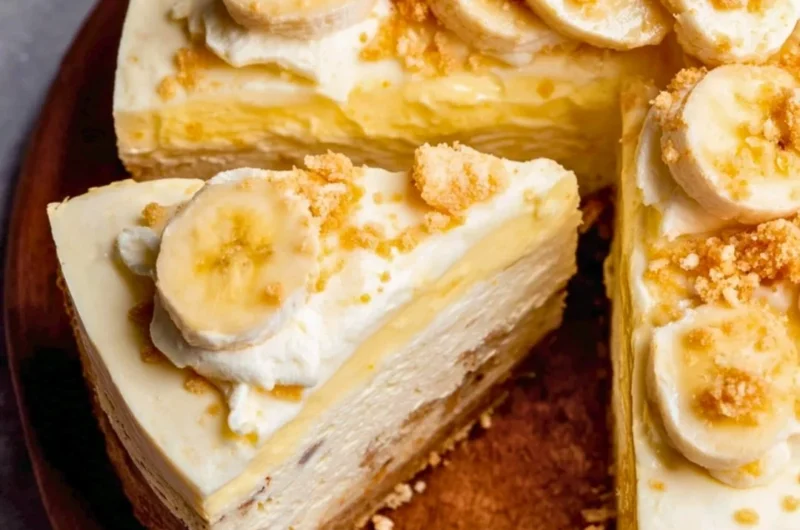 A slice of creamy Banana Pudding Cheesecake with banana slices and whipped cream on top.