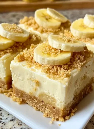 Banana pudding cheesecake squares dessert slice on a plate