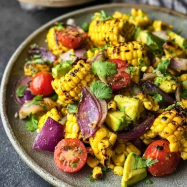 Charred corn avocado salad with roasted red onions in a bowl