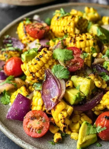 Charred corn avocado salad with roasted red onions in a bowl