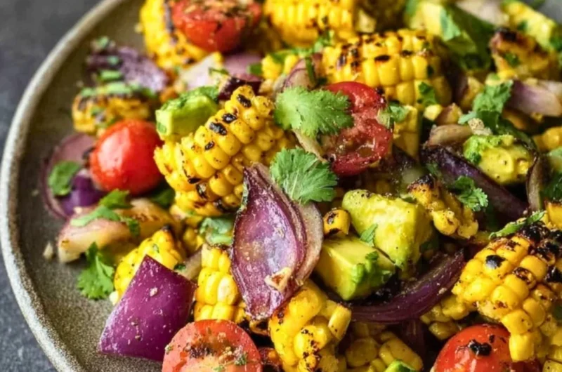 Charred corn avocado salad with roasted red onions in a bowl
