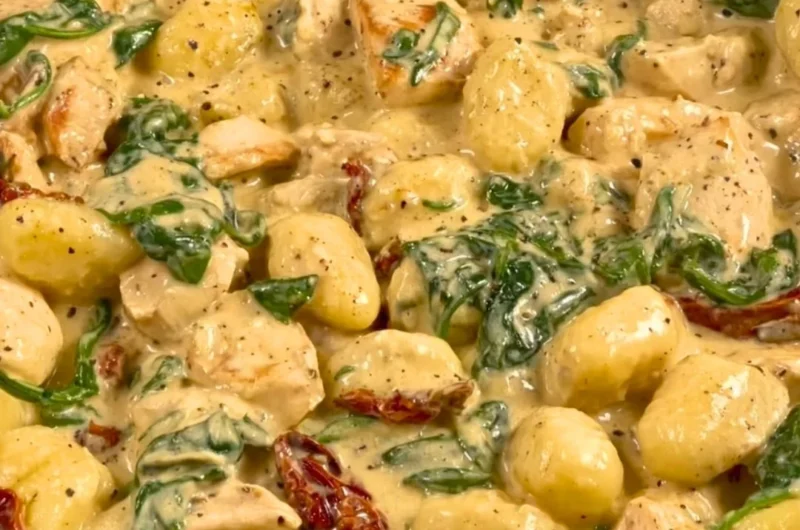 Bowl of creamy chicken gnocchi with herbs and spices on a wooden table