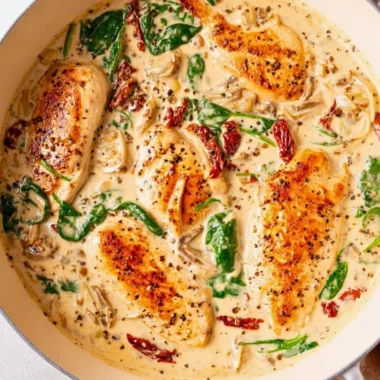 Delicious creamy Tuscan chicken served on a plate with herbs and tomatoes