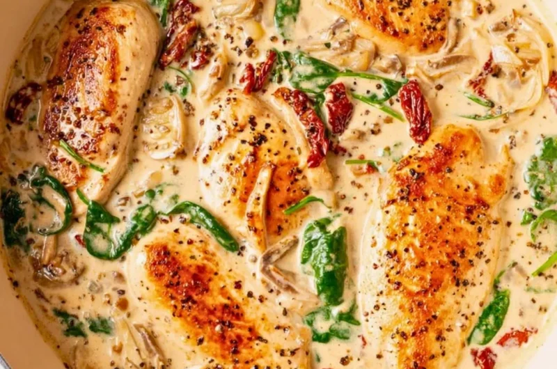 Delicious creamy Tuscan chicken served on a plate with herbs and tomatoes