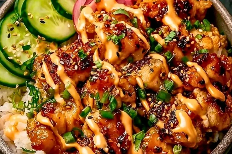 Crispy chicken topped with creamy spicy sauce served on jasmine rice