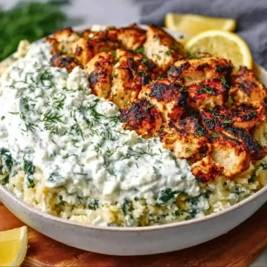 Dump and Bake Chicken Tzatziki Casserole with juicy chicken and creamy sauce