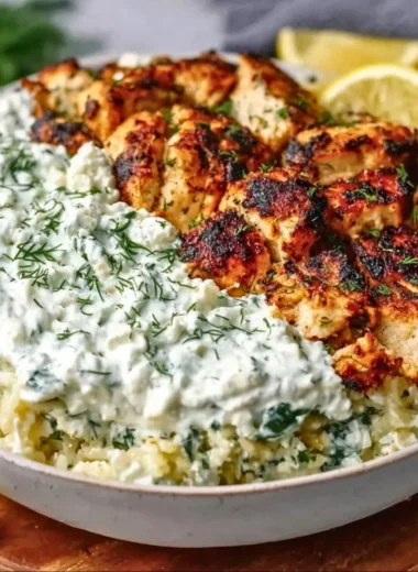 Dump and Bake Chicken Tzatziki Casserole with juicy chicken and creamy sauce