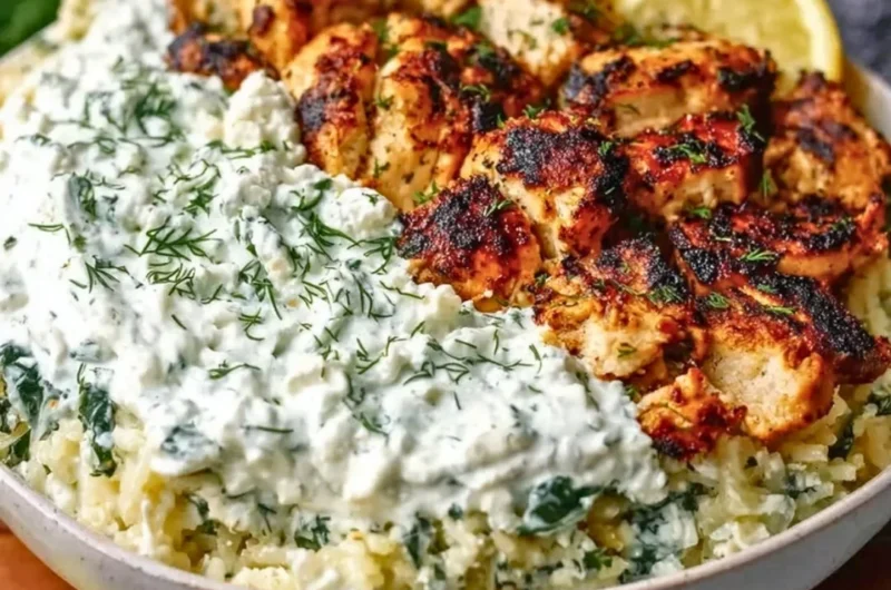 Dump and Bake Chicken Tzatziki Casserole with juicy chicken and creamy sauce