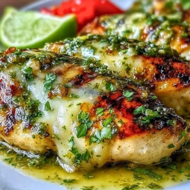 Grilled salsa verde chicken with pepper jack cheese on a serving plate