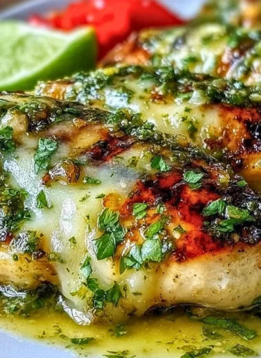 Grilled salsa verde chicken with pepper jack cheese on a serving plate