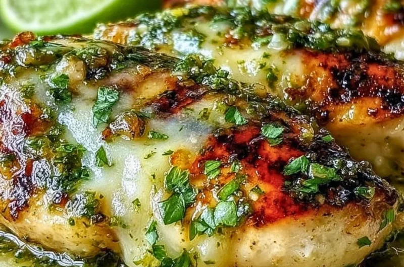 Grilled salsa verde chicken with pepper jack cheese on a serving plate