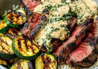Grilled steak bowl with sauce and grilled zucchini served in a bowl.