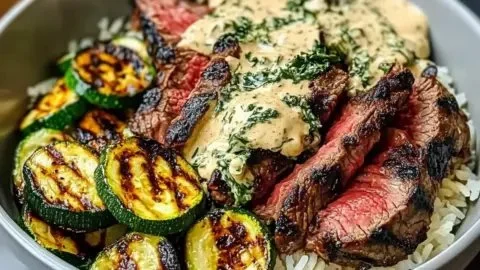 Grilled steak bowl with sauce and grilled zucchini served in a bowl.