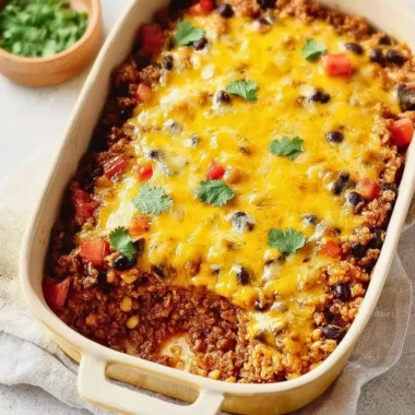 Delicious Hearty Mexican Ground Beef Casserole served in a baking dish