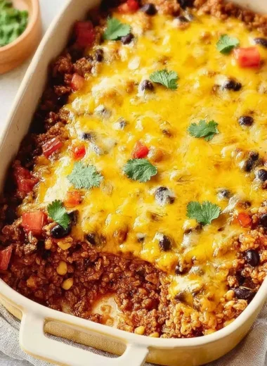 Delicious Hearty Mexican Ground Beef Casserole served in a baking dish