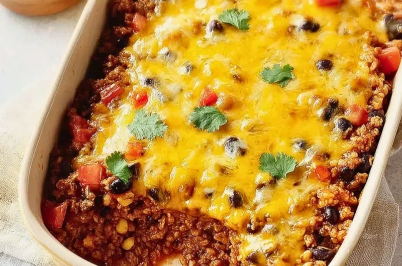 Delicious Hearty Mexican Ground Beef Casserole served in a baking dish