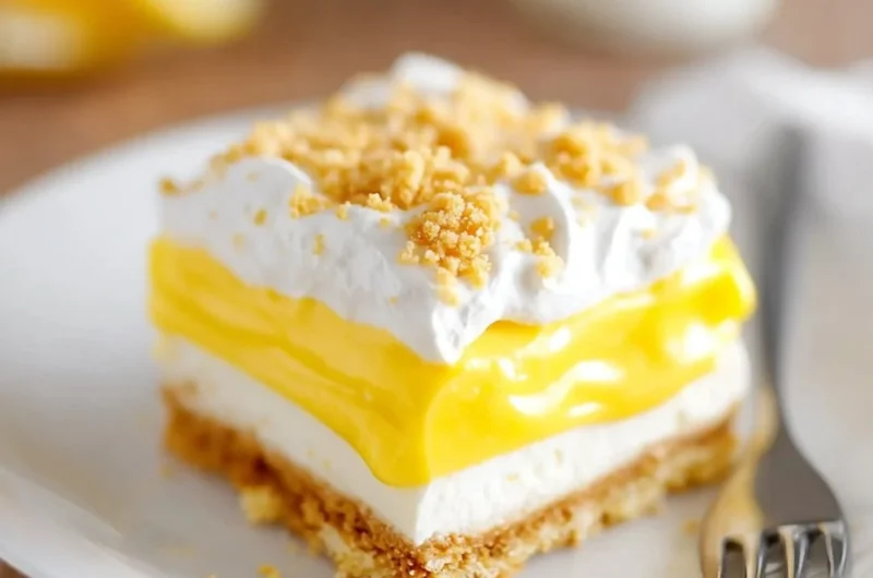 Slice of heavenly Oreo lemon dessert on a plate with lemon garnish