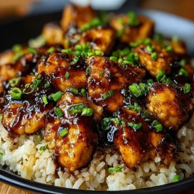 Delicious honey BBQ chicken served over rice with fresh herbs