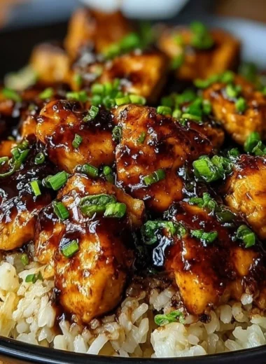 Delicious honey BBQ chicken served over rice with fresh herbs