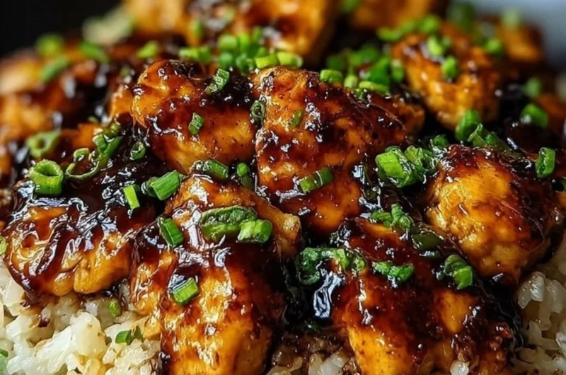 Delicious honey BBQ chicken served over rice with fresh herbs