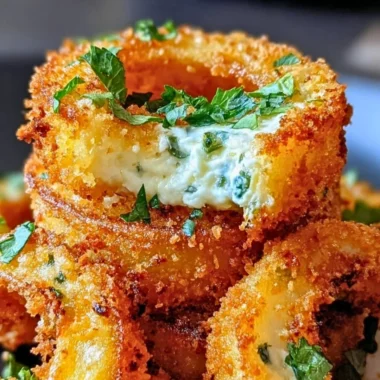 Delicious Jalapeño Cheese Stuffed Onion Rings served on a plate