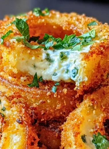 Delicious Jalapeño Cheese Stuffed Onion Rings served on a plate