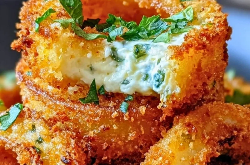 Delicious Jalapeño Cheese Stuffed Onion Rings served on a plate