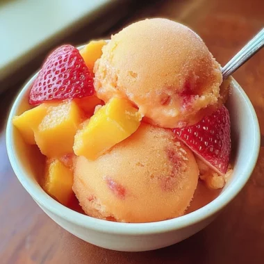 Bowl of vibrant Mango Strawberry Sorbet garnished with fresh fruit