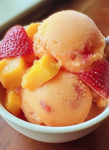 Bowl of vibrant Mango Strawberry Sorbet garnished with fresh fruit