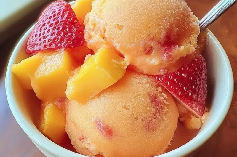 Bowl of vibrant Mango Strawberry Sorbet garnished with fresh fruit