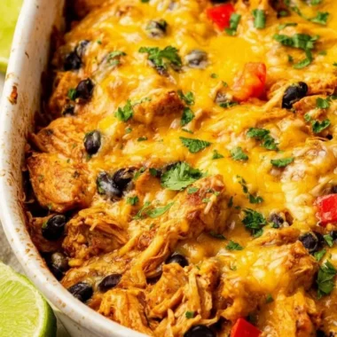 Delicious Mexican Chicken Casserole topped with cheese and spices.
