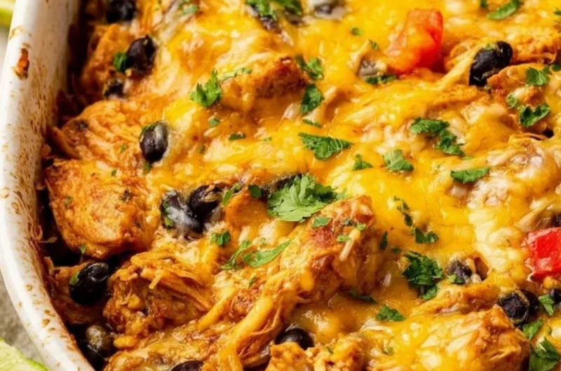 Delicious Mexican Chicken Casserole topped with cheese and spices.