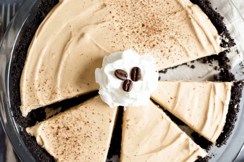A delicious no-bake coffee pie topped with whipped cream and chocolate shavings