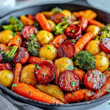 One-Pan Honey Garlic Kielbasa with assorted vegetables cooked together
