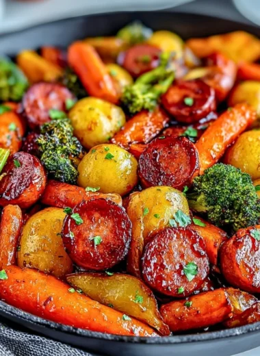 One-Pan Honey Garlic Kielbasa with assorted vegetables cooked together