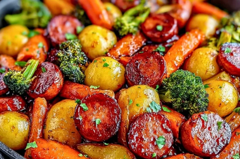One-Pan Honey Garlic Kielbasa with assorted vegetables cooked together