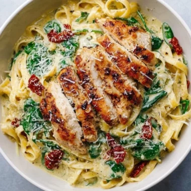 Pesto Pasta With Chicken garnished with fresh basil and parmesan cheese