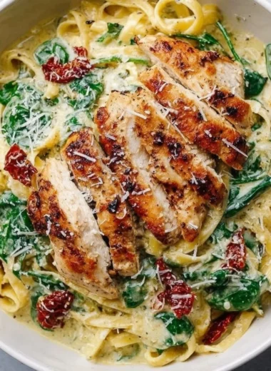 Pesto Pasta With Chicken garnished with fresh basil and parmesan cheese