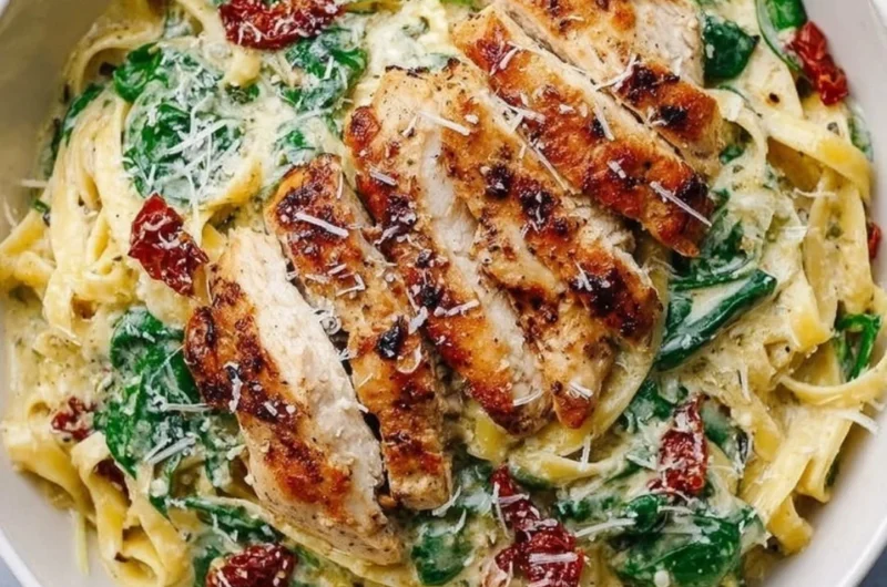 Pesto Pasta With Chicken garnished with fresh basil and parmesan cheese