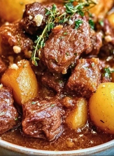 Slow Cooker Garlic Butter Beef and Potatoes dish prepared in a slow cooker.