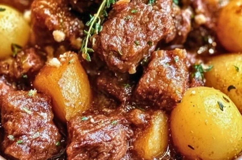 Slow Cooker Garlic Butter Beef and Potatoes dish prepared in a slow cooker.