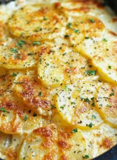 Creamy slow cooker scalloped potatoes served in a dish