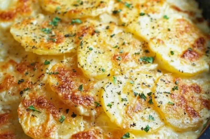 Creamy slow cooker scalloped potatoes served in a dish