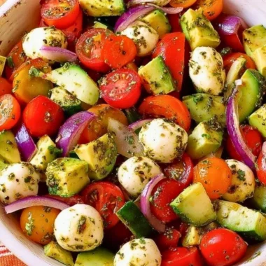 Healthy Tomato Cucumber Salad with Avocado, Mozzarella, and Basil Pesto