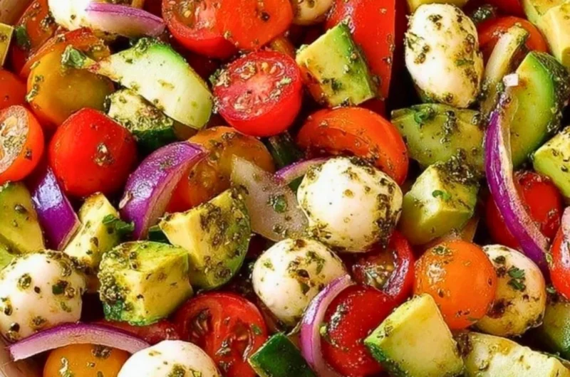 Healthy Tomato Cucumber Salad with Avocado, Mozzarella, and Basil Pesto