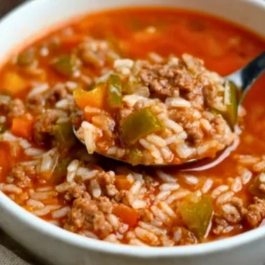 Bowl of delicious stuffed pepper soup garnished with herbs and bell peppers