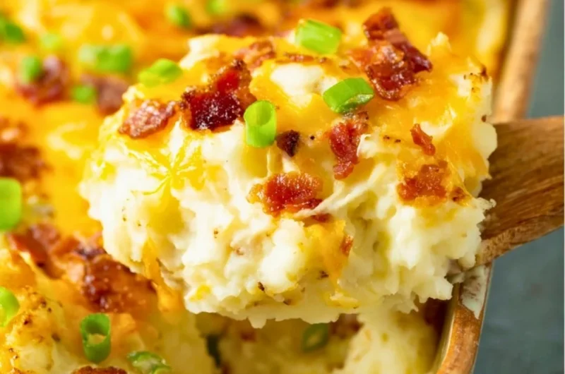 Delicious Twice Baked Potato Casserole topped with cheese and herbs