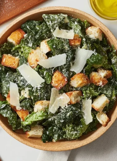 5-Ingredient Kale Caesar Salad in a bowl with creamy dressing and croutons