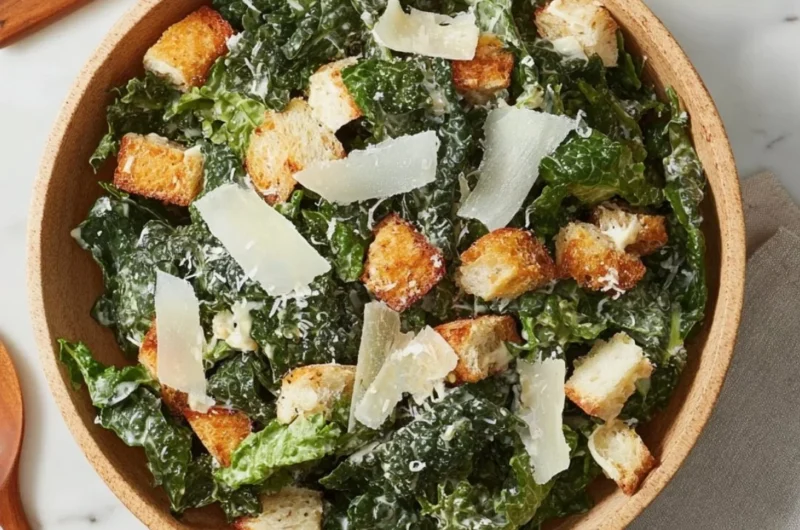 5-Ingredient Kale Caesar Salad in a bowl with creamy dressing and croutons